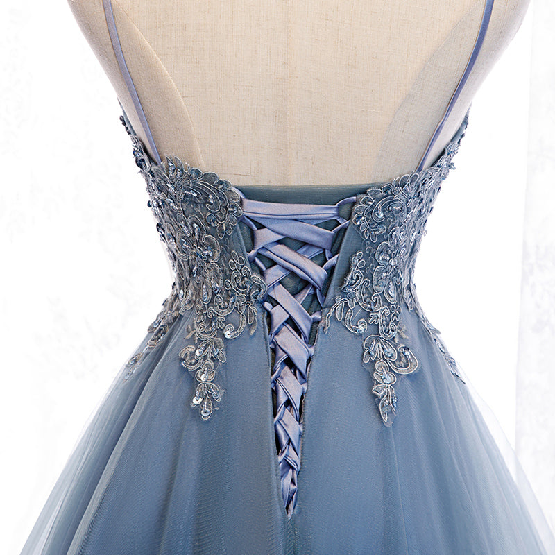 Blue High Low Tulle V-neckline Straps Party Dress with Lace, Cute Homecoming Dress