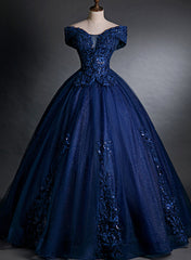 Glam Navy Blue Sweet 16 Formal Gown with Lace, Blue Prom Dress Party Dress