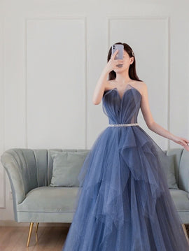 Blue Tulle Long Formal Gown Party Dresses, Blue A-line Beaded Evening Dress