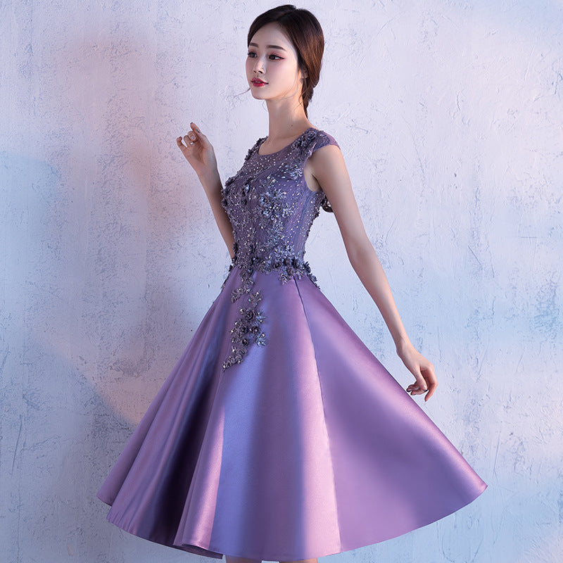 Cute Dark Purple Knee Length Satin Bridesmaid Dress, Lace Floral Party ...