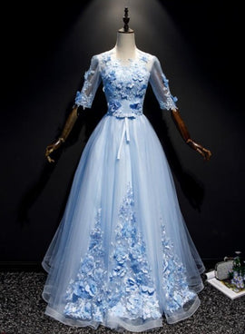 Light Blue Short Sleeves with Lace Flowers Long Sweet 16 Dress, Blue Party Dresses