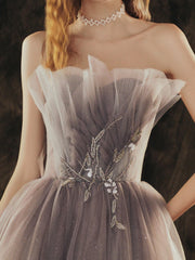 Grey Gradient Tulle Beaded A-line Lace-up Party Dress, Grey Long Prom Dress