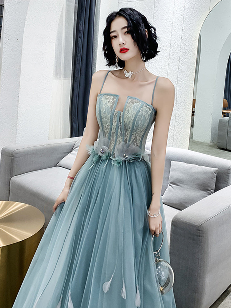 Blue Long Korean Party Dress Blue Tulle A-line Long Party Dress With Straps, Blue Long Prom Blue Long Korean Party Dress Blue Tulle A-line Long Party Dress With Straps, Blue Long Prom
