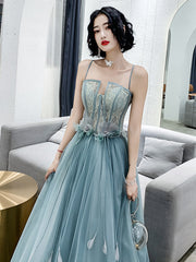 Blue Tulle A-line Long Party Dress with Straps, Blue Long Prom Dress