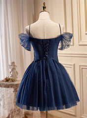 Navy Blue Cute Short Sweetheart Beaded Party Dress, Navy Blue Short Prom Dress