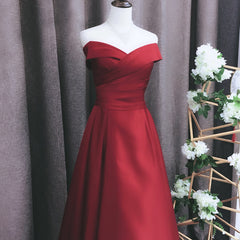 Red Satin A-line Off Shoulder Floor Length Party Dress, Red Evening Dress Prom Dress