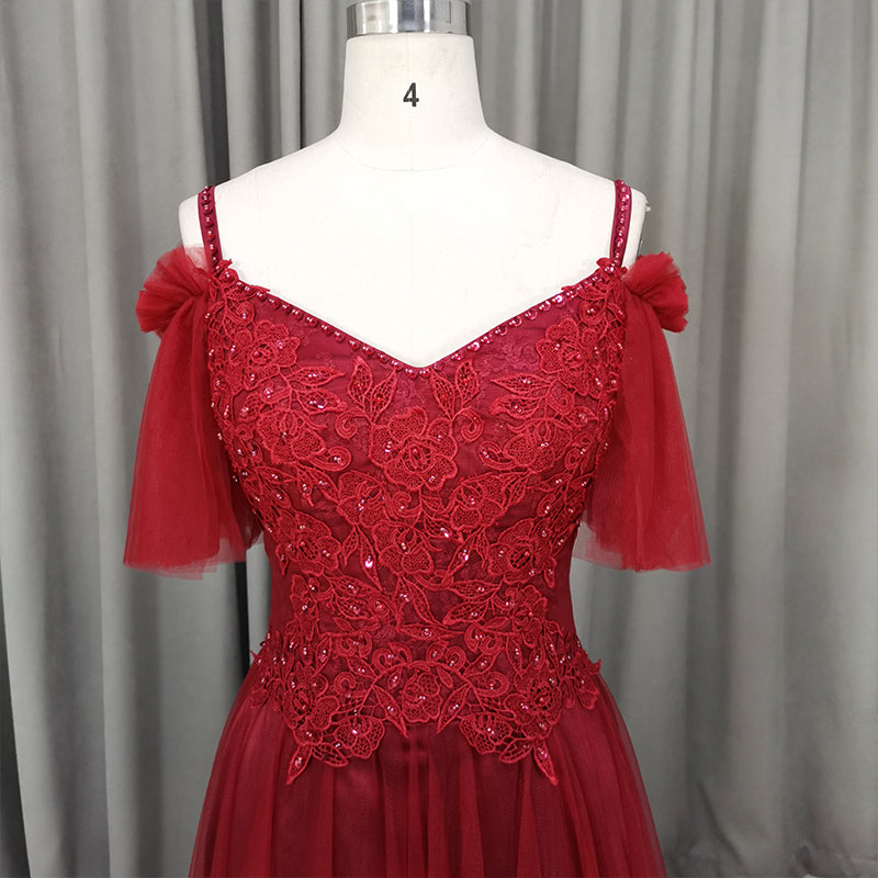 Beautiful Wine Red Tulle A-line Party Dress, Long Lace Applique Party Dress
