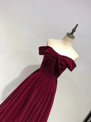 Beautiful Wine Red Velvet Off Shoulder New Style Evening Dress, Pretty Party Dress