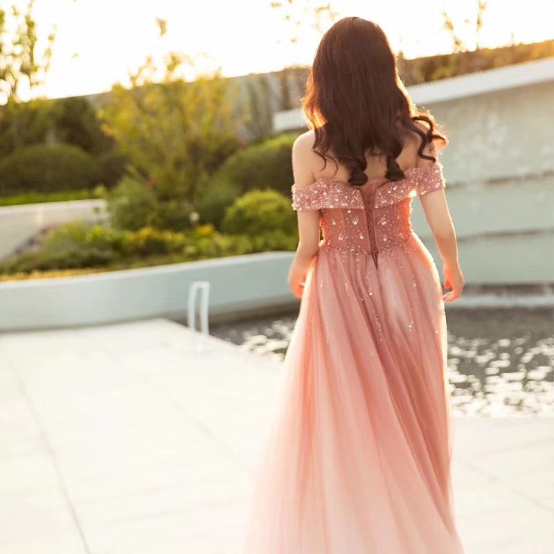 Beautiful Pink Tulle Gradient Beaded Off Shoulder Party Dress, Pink Prom Gown