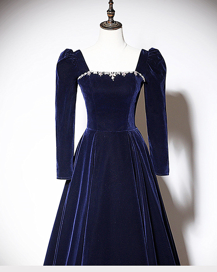 Navy Blue Velvet Long Sleeves Beaded Formal Dress, Blue A-line Prom Dress