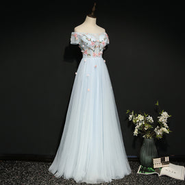 Light Blue Off Shoulder A-line Flower Party Dress, New Prom Dress