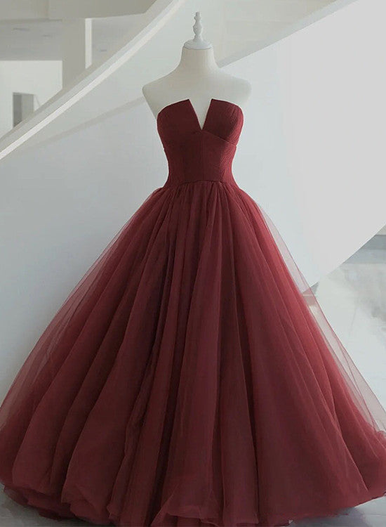 Beautiful Wine Red Tulle Long Floor Length Sweet 16 Dress, Dark Red Evening Gown