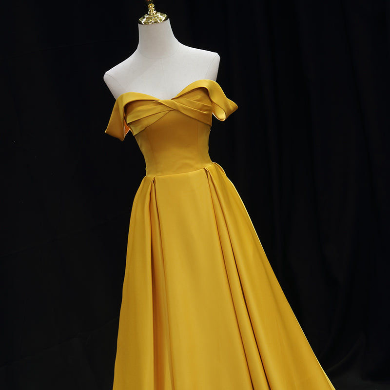 Yellow Satin Sweetheart Long Simple Party Dresses, Yellow Formal Gown Cutedressy Yellow Satin Sweetheart Long Simple Party Dresses, Yellow Formal Gown Cutedressy