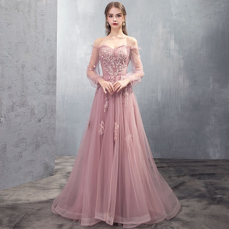 Charming Tulle Pink/Champagne Long Sleeves Junior Party Dress, A-line Cutedressy Charming Tulle Pink/Champagne Long Sleeves Junior Party Dress, A-line Cutedressy