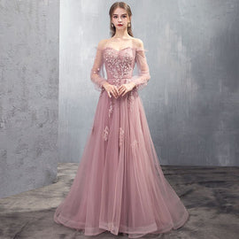Charming Tulle Pink/Champagne Long Sleeves Junior Party Dress, A-line Formal Dress Evening Dress