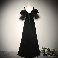 Black Off Shoulder Velvet Long A-line Prom Dress, Black Floor Length Party Dress Evening Dress