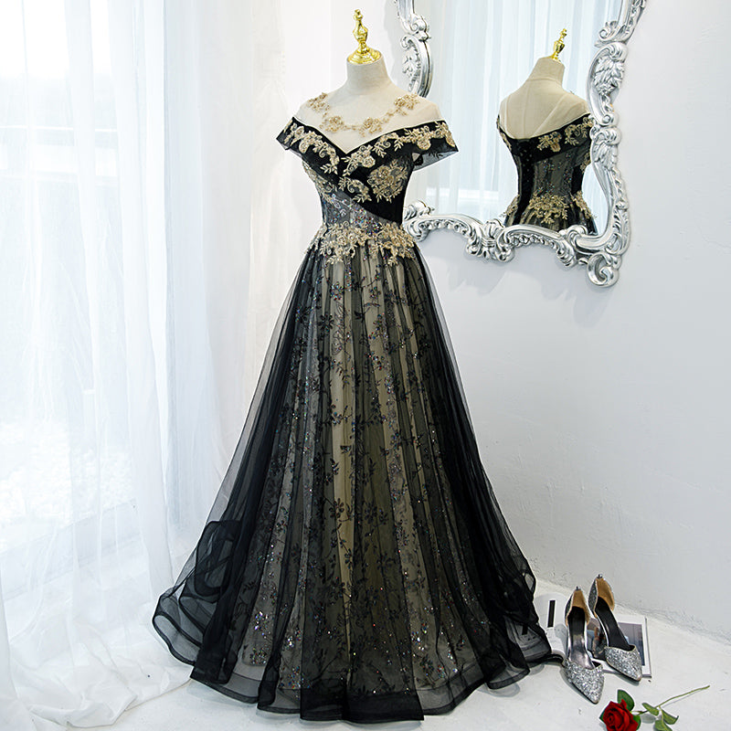 Beautiful Black Off Shoulder A-line Party Dress with Gold Lace, Black Cutedressy Beautiful Black Off Shoulder A-line Party Dress with Gold Lace, Black Cutedressy