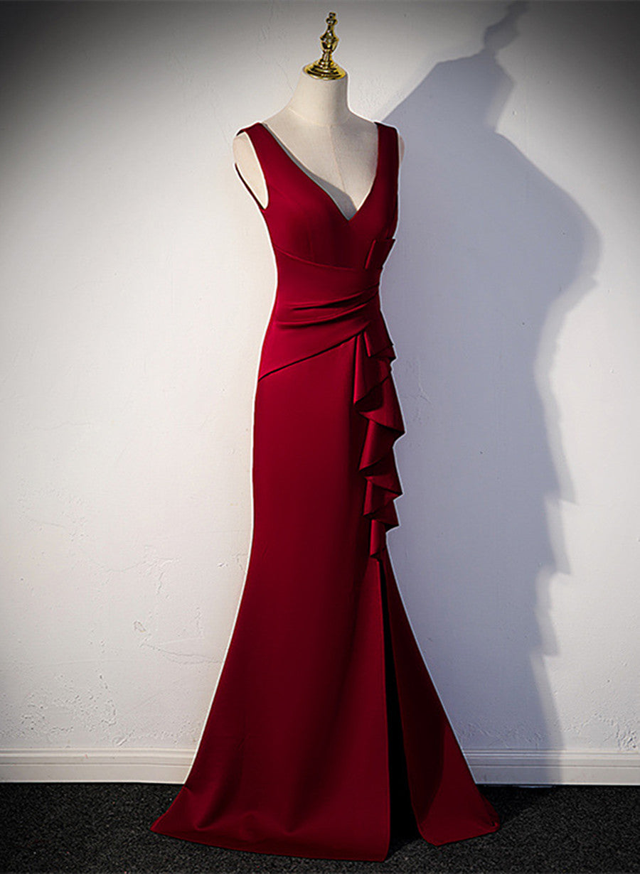 Wine Red V-neckline Mermaid Long Party Dress with Leg Slit, Wine Red Prom Dress