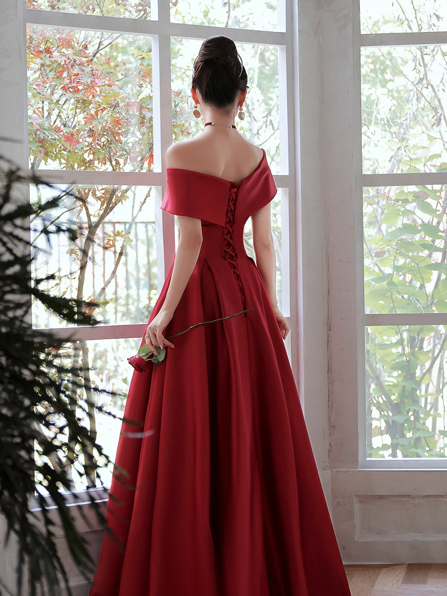 Red Satin Off Shoulder A-line Floor Length Prom Dress, Red Evening Dress Red Satin Off Shoulder A-line Floor Length Prom Dress, Red Evening Dress
