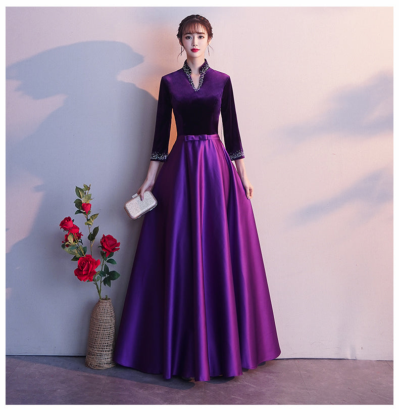 Dark Purple Satin Long Sleeves Beaded Velvet Bridesmaid Dress, Purple Cutedressy Dark Purple Satin Long Sleeves Beaded Velvet Bridesmaid Dress, Purple Cutedressy
