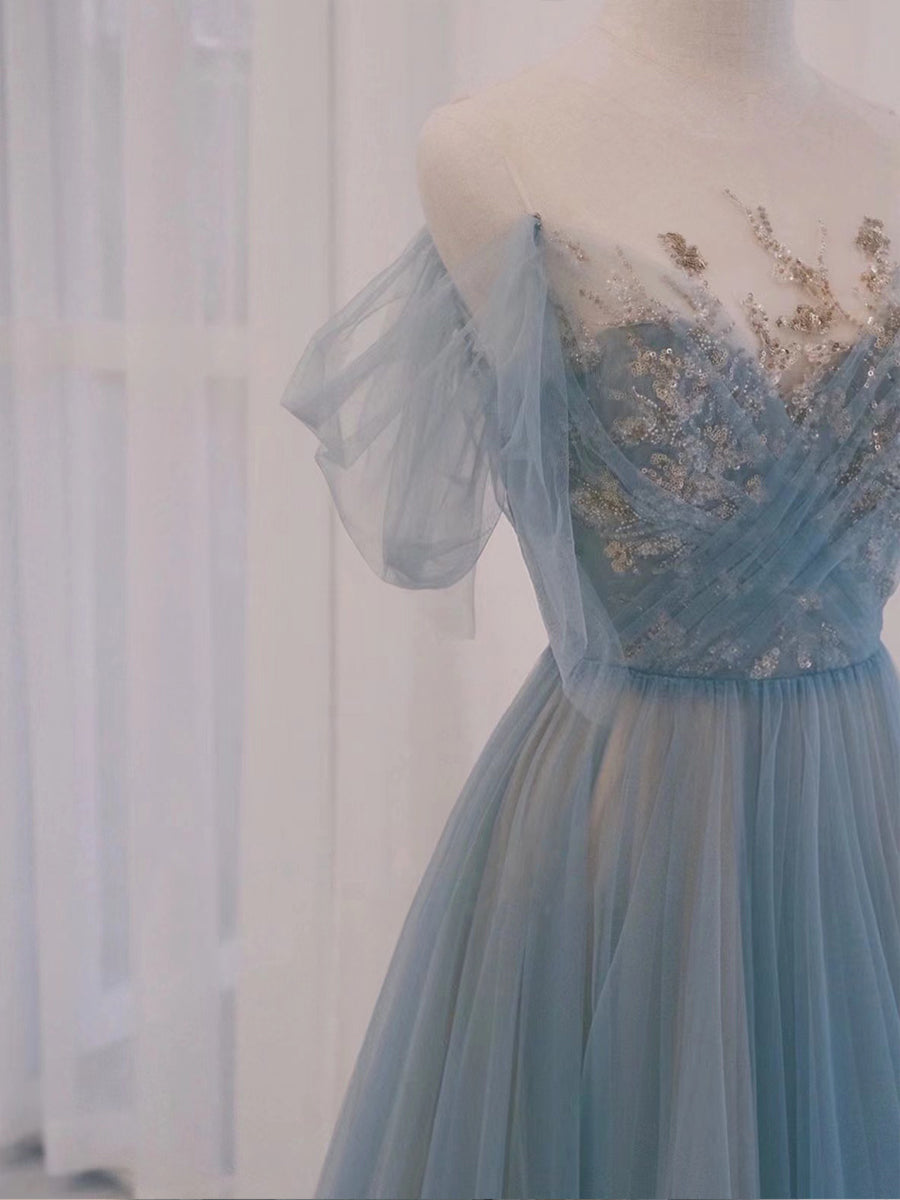 Blue Tulle Sweetheart Off Shoulder Long Party Dress, Elegant Evening Dress