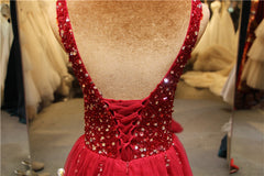 Beautiful Red Tulle Long Prom Dress, A-line Beaded Party Dress