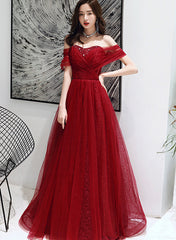 Wine Red Tulle Beaded Sweeetheart Long Evening Gown, Dark Red Prom Dress