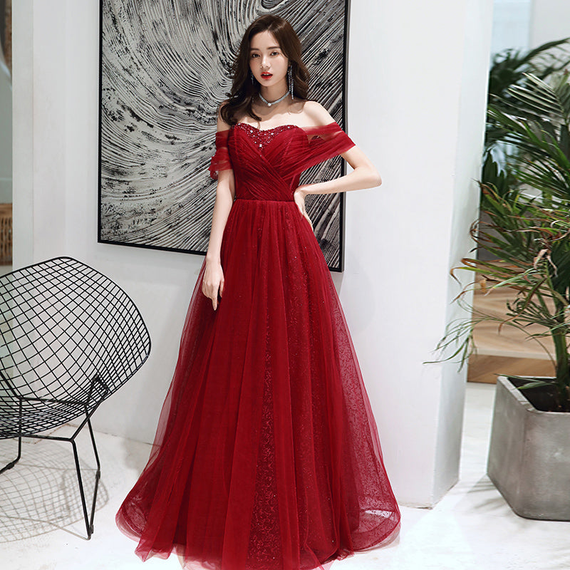 Wine Red Tulle Beaded Sweeetheart Long Evening Gown, Dark Red Prom Dress Wine Red Tulle Beaded Sweeetheart Long Evening Gown, Dark Red Prom Dress