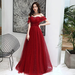 Wine Red Tulle Beaded Sweeetheart Long Evening Gown, Dark Red Prom Dress