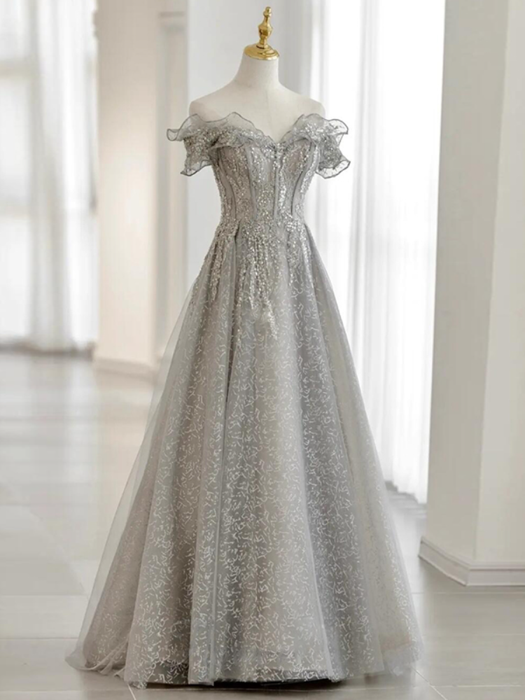 Sliver-Grey Tulle with Sequins Long Party Dress,A-line Floor Length Pr ...