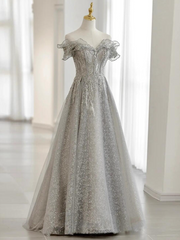 Sliver-Grey Tulle with Sequins Long Party Dress,A-line Floor Length Prom Dresses