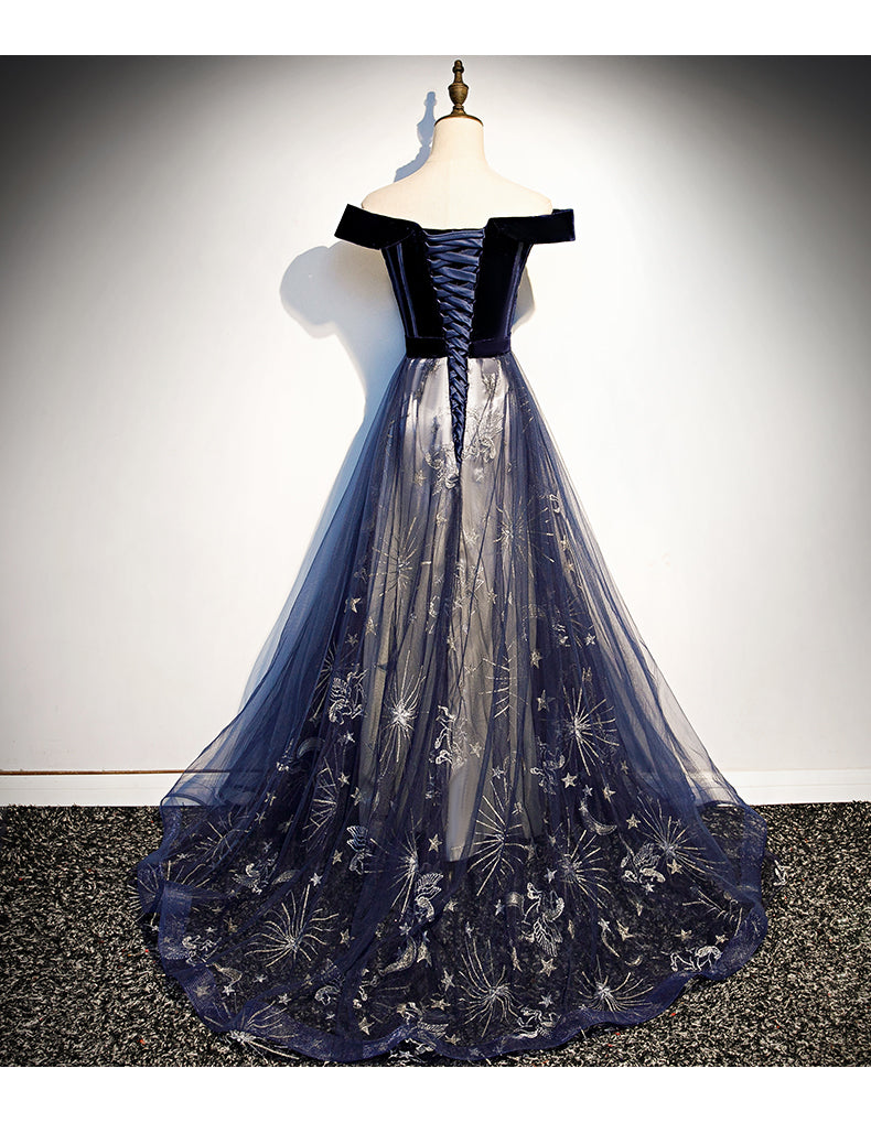 Lovely Off Shoulder Velvet and Tulle Prom Dress, Navy Blue Party Dress Formal Dress