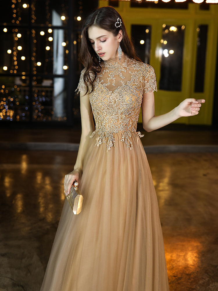Champagne High Neckline Tulle with Lace Long Party Dresses, A-line Champagne Formal Dress