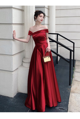 Red Satin Off Shoulder Fashionable Long Prom Dress, New Style Party Dress