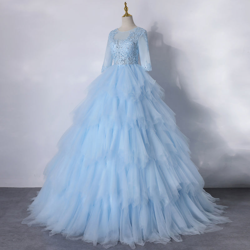 Light Blue Layers Tulle with Lace Princess Gown, Short Sleeves Ball Gown Sweet 16 Dress