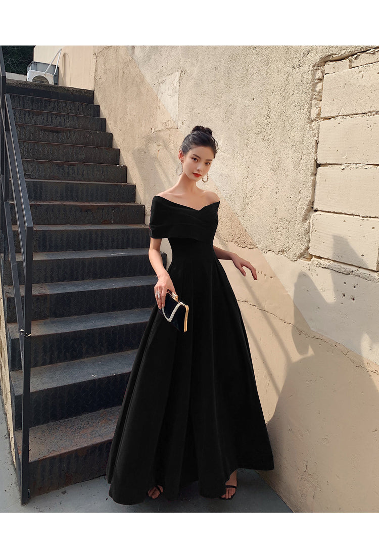 Black Velvet Elegant Lace-up Prom Dress, Black Off Shoulder Prom Dress Cutedressy Black Velvet Elegant Lace-up Prom Dress, Black Off Shoulder Prom Dress Cutedressy