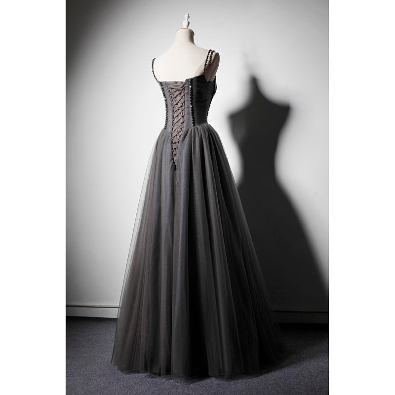 Dark Grey Tulle Straps Long Beaded Party Dress, Grey Long Formal Dress – Cutedressy