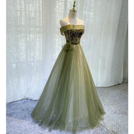 Light Green Tulle Scoop Long Party Gown, Green Bridesmaid Dress