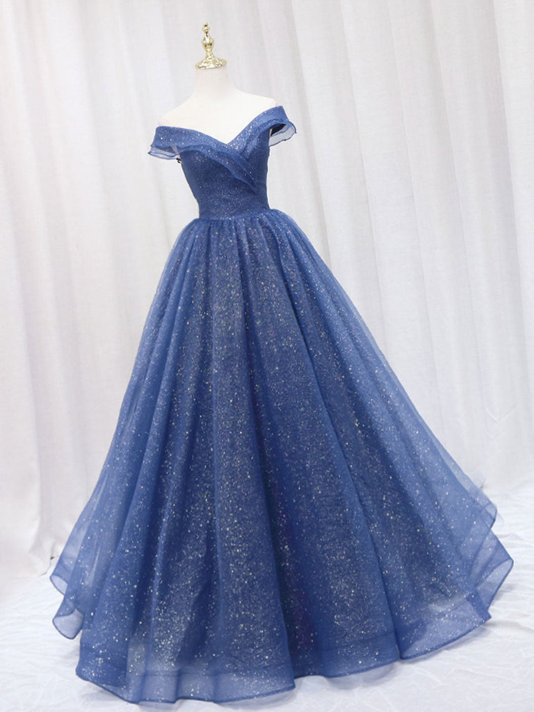 Blue Off Shoulder Sweetheart Long Party Dress, A-line Blue Formal Dres ...