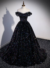 Black Off Shoulder Beaded Long Formal Dress, Black Shiny Sequins Evening Dress