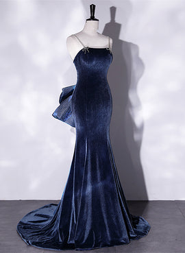 Blue Velvet Mermaid Straps Low Back Party Dress with Bow, Blue Long Evening Dress