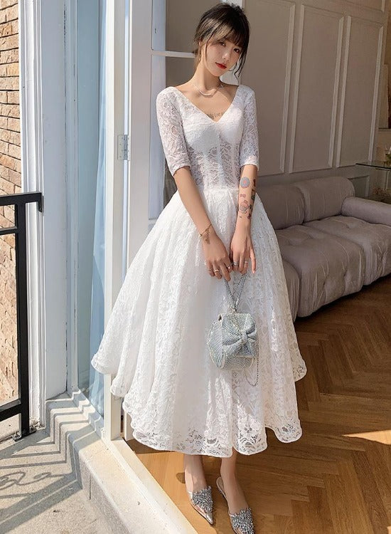 White Lace Short Sleeves Tea Length Wedding Party Dress, White Graduation Dresses