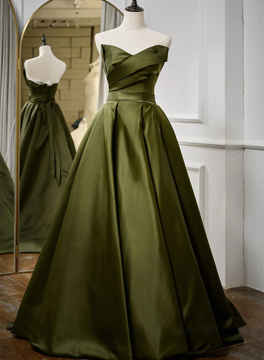 Green Satin V-neckline Lace-up Long Wedding Party Dress, Green Evening Dress