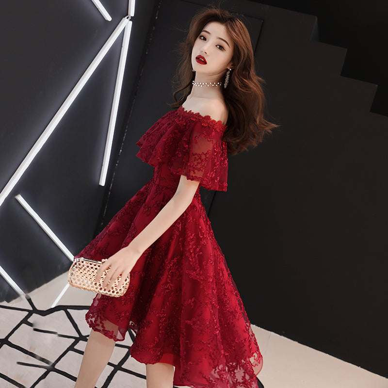 Wine Red Halter High Low Stylish Homecoming Dresses, Red Formal Dress, Pretty Party Dress
