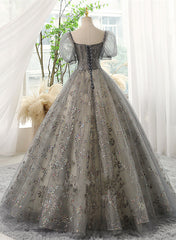 Beautiful Ball Gown Tulle Short Sleeves Long Party Dress, Tulle with Lace Prom Dress