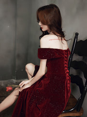 Wine Red Simple Velvet Off Shoulder Prom Dress, Wine Red Wedding Party Dress