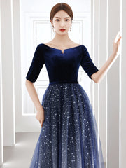 Simple Long Velvet and Tulle Short Sleeves Prom Dress Evening Dress, Blue Bridesmaid Dress
