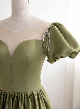 Green Satin Round Neckline A-line Floor Length Prom Dress, Green Short Sleeves Formal Dress