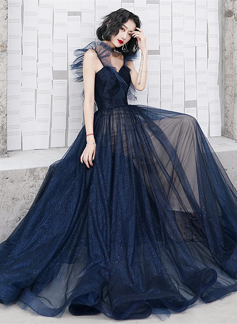 navy blue tulle prom dress Dark Blue Tulle Sequin Long Prom Dress, Blue Tulle Formal Dress Custom Size / Dark Blue