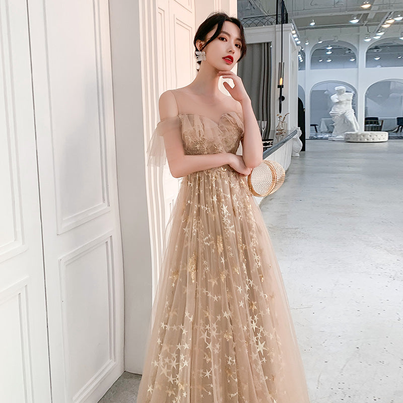 Champagne Tulle Long Party Dress Formal Dress, A-line Off Shoulder Pro Cutedressy Champagne Tulle Long Party Dress Formal Dress, A-line Off Shoulder Pro Cutedressy
